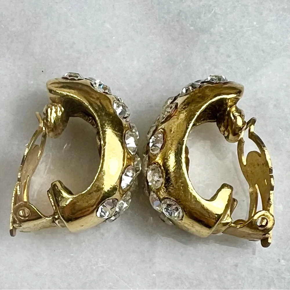 Chanel Vintage Crystal & Gold Plated Half Moon Clip-On Earrings